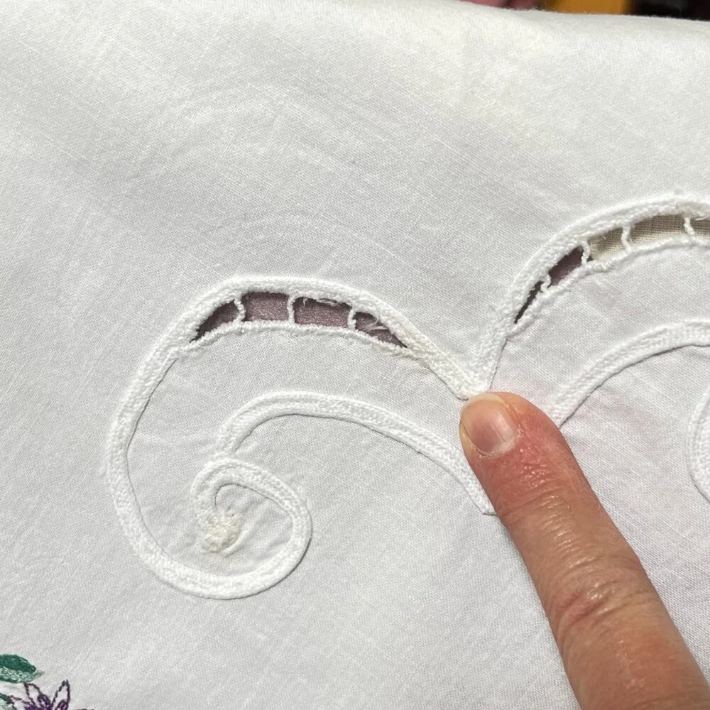 Embroidered White Tablecloth Floral Baskets‎ & Cutwork Design Rectangular 98X66